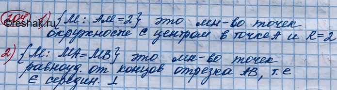Изображение 204. На плоскости отмечены точки А и В. Охарактеризовать множество точек М на плоскости, таких, что:1) {М : AM = 2};	2) {М : МА =...