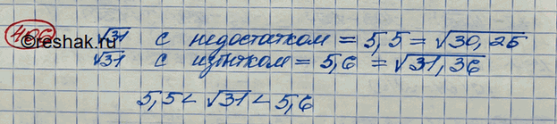 Изображение 406. Установить, какая из пар чисел 5,4 и 5,5 или 5,5 и 5,6 образует десятичные приближения числа корень 31 с недостатком и с избытком, т. е. одно из чисел этой пары...
