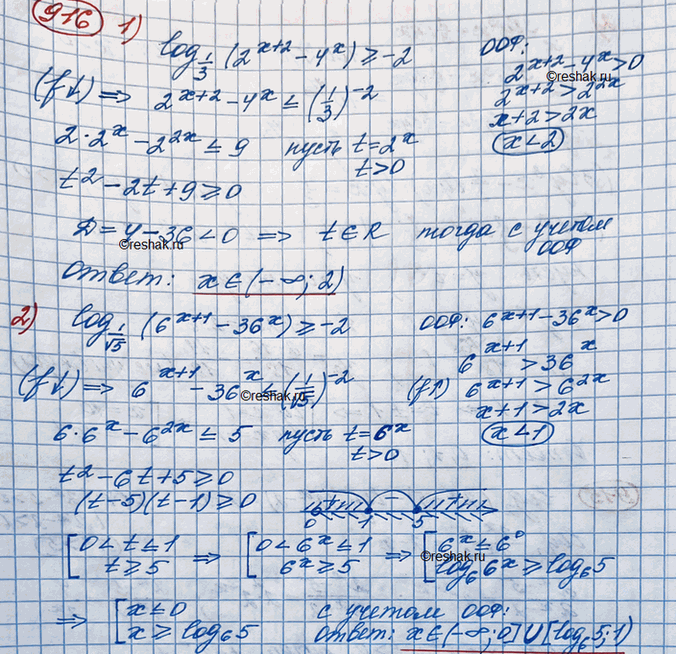 Изображение 916. Решить неравенство:1) логарифм (2^(x+2)-4^x) по основанию 1/3 >=-22) логарифм (6^(x+1)-36^x) по основанию 1/v5...