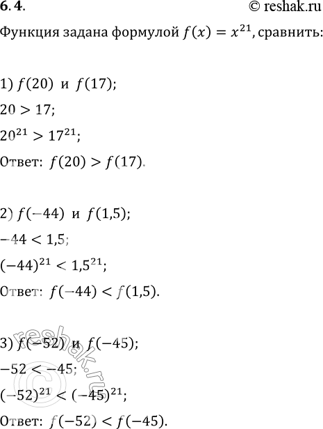 Изображение 6.4. Функция задана формулой f(x)=x^21. Сравните:1) f(20) и f(17);   2) f(-44) и f(1,5);   3) f(-52) и...