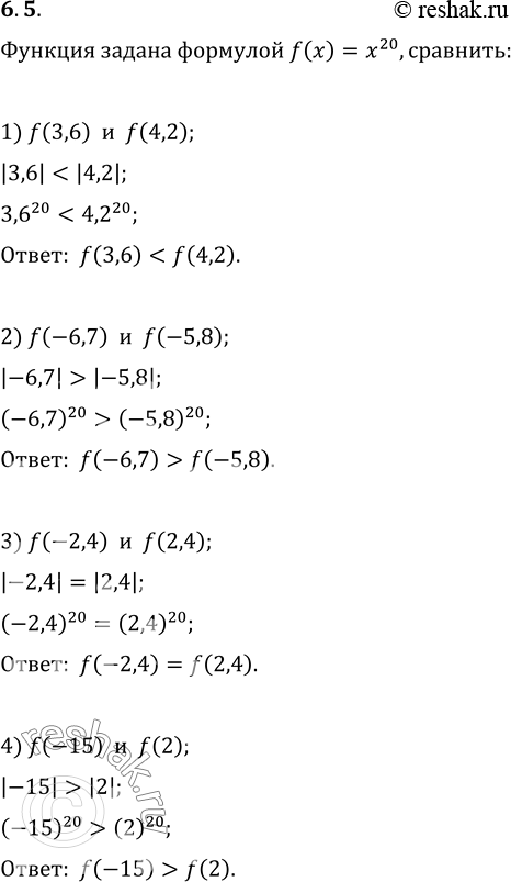 Изображение 6.5. Функция задана формулой f(x)=x^20. Сравните:1) f(3,6) и f(4,2);   3) f(-2,4) и f(2,4);2) f(-6,7) и f(-5,8);   4) f(-15) и...