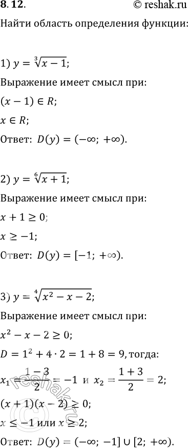 Изображение 8.12. Найдите область определения функции:1) y=(x-1)^(1/3);   2) y=(x+1)^(1/6);   3)...