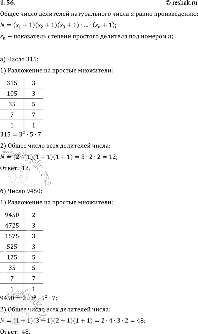 Изображение 1.58. Сколько делителей имеет данное число:а) 315; в) 250 000;б) 9450; г) 623...