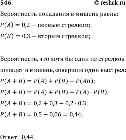 Изображение 546. Вероятность попадания в мишень первым стрелком равна 0,2, а вторым — 0,3. Какова вероятность того, что мишень будет поражена хотя бы одним выстрелом, если стрелки...