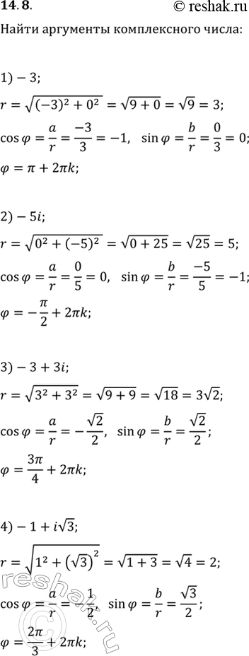Изображение 14.8. Найдите все аргументы комплексного числа:1) -3;   2) -5i;   3) -3+3i;   4)...