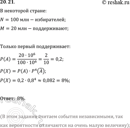 Изображение 20.21. В некоторой стране около 100 млн избирателей, из которых партию А поддерживают около 20 млн людей. Какова вероятность того, что среди 5 человек, опрошенных...