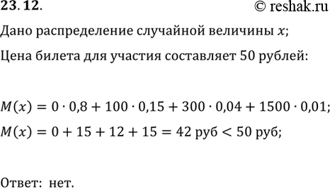Изображение 23.12. Таблица распределения вероятностей выигрыша в азартной игре имеет вид:Цена билета для участия в игре составляет 50 р. Стоит ли играть в такую...