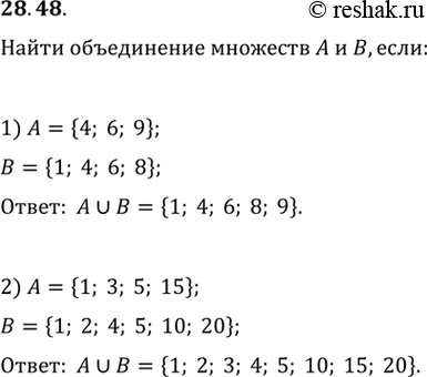 Изображение 28.48. Найдите объединение множеств A и В, если:1) A — множество цифр числа 6694, В — множество цифр числа 41 686;2) A — множество делителей числа 15, В — множество...