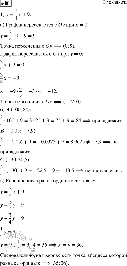 Изображение 181. 1) Определите, не выполняя построения графика функции у = —3/4 х + 9:а) координаты точек пересечения графика с осями координат;б) принадлежат ли графику...
