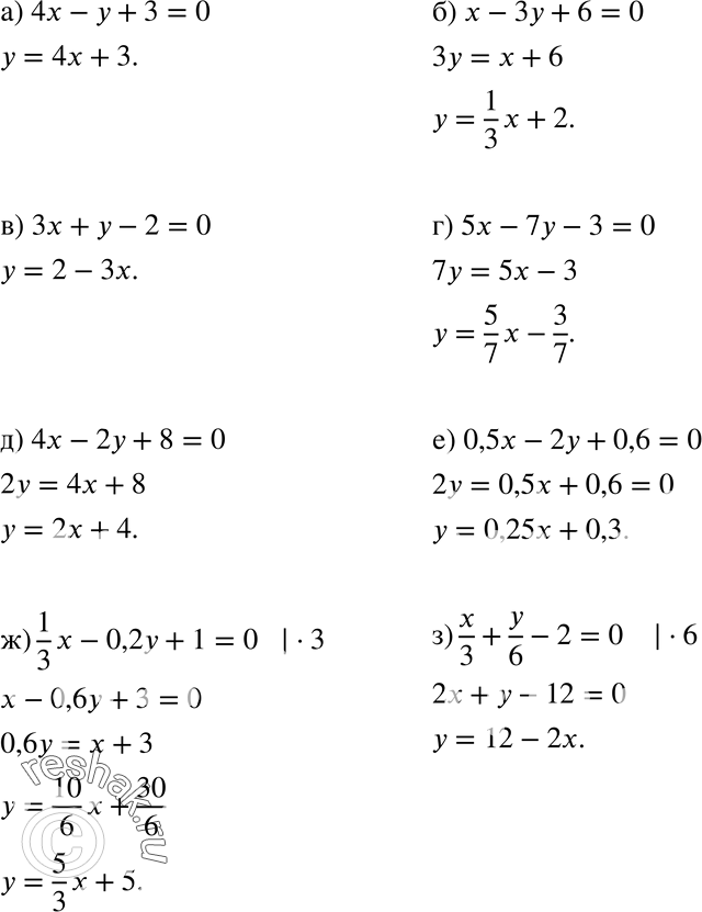 Изображение 677. а)	4х-у + 3 = 0;	б) x - Зу + 6 = 0;в) Зх + у - 2 = 0;	г) 5x - 7y - 3 = 0;д) 4x - 2у + 8 = 0;	е) 0,5x -2у + 0,6 = 0;ж) 1/3*х - 0,2у + 1 = 0; з) x/3 +...