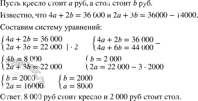 Изображение 745 Школа приобрела 4 кресла и 2 стола, заплатив за них 36 000 р. Если бы было куплено 2 кресла и 3 стола, то вся покупка стоила бы на 14 000 р. меньше. Сколько стоят...