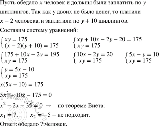 Изображение 576. Несколько человек обедали вместе и по счету должны были уплатить 175 шиллингов. Так как у двоих из них денег не оказалось, каждому из оставшихся пришлось уплатить...