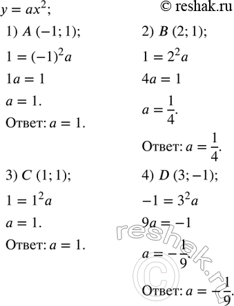 Изображение 598. Найти a, если парабола y=ax^2 проходит через точку:1) A (-1;1);   2) B (2;1);   3) C (1;1);   4) D (3;-1). ...