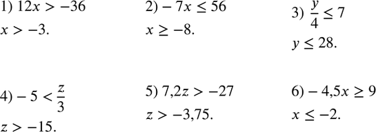 Изображение 91. Решить неравенство:1) 12x>-36;2)-7x?56;3)  y/4?7;4)-5-27;6)-4,5x?9. ...