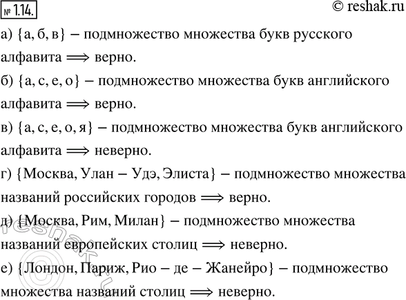 Изображение 1.14. Какие из следующих утверждений верны, а какие неверны?а) {а, б, в} — подмножество множества букв русского алфавита.б) {а, с, е, о} — подмножество множества...