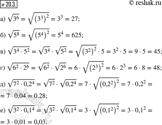 Изображение 20.3. Вычислите:а) v(3)^6;   в) v(3^4 · 5^2);   д) v(7^2 · 0,2^4);б) v(5)^8;   г) v(6^2 · 2^6);   е) v(3^2 ·...
