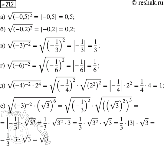 Изображение 21.2. Найдите значение выражения: а) v(-0,5)^2;      г) v((-6)^(-2)); б) v(-0,2)^2;      д) v((-4)^(-2) · 2^4); в) v((-3)^(-2));   е) v((-3)^(-2) ·...
