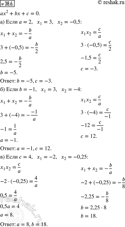 Изображение 38.6. Для квадратного уравнения ах^2 + bх + с = 0, корни которого х_1 и x_2, найдите:а) b и с, если а = 2, x_1 = 3, x_2 = -0,5;б) а и с, если b = —1, х_1 = 3, x_2 =...