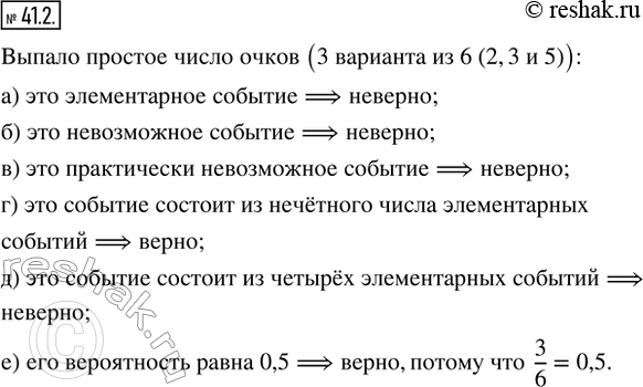 Изображение 41.2. Игральный кубик бросают один раз. Может выпасть разное число очков от 1 до 6.Для события «выпало простое число очков» укажите, верно ли утверждение:а) это...