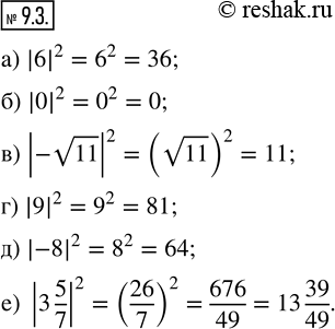 Изображение 9.3. Вычислите: а) |6|^2;   в) |-v11|^2;   д) |-8|^2;б) |0|^2;   г) |9|^2;      е) |3...
