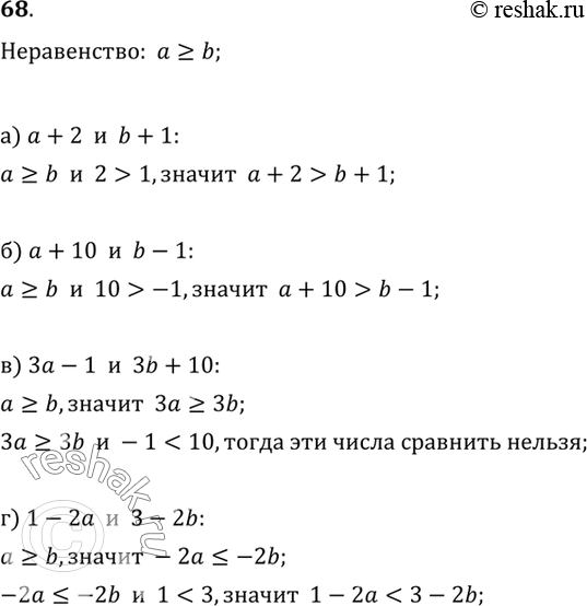 Изображение 68. Известно, что а > b. Сравните, если возможно:а) а + 2 и b + 1;    в) За - 1 и Зb + 10;б) а + 10 и b - 1;    г) 1 - 2а и 3 -...