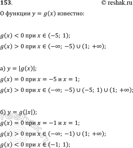 Изображение 153. Область определения функции y=g(x) — множество R. Известно также, что g(x)=0, если x=-5 и x=1; g(x)>0, если x?(-?; -5)?(1; +?). Найдите нули функций y=|g(x)| и...
