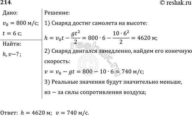 Изображение Снаряд зенитной пушки, выпущенный вертикально вверх со скоростью 800 м/с, достиг цели через 6 с. На какой высоте находился самолет противника и какова скорость снаряда...