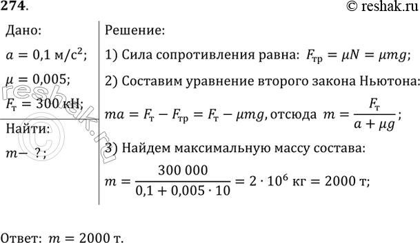 Изображение Состав какой массы может везти тепловоз с ускорением 0,1 м/с2 при коэффициенте сопротивления 0,005, если он развивает максимальное тяговое усилие 300...