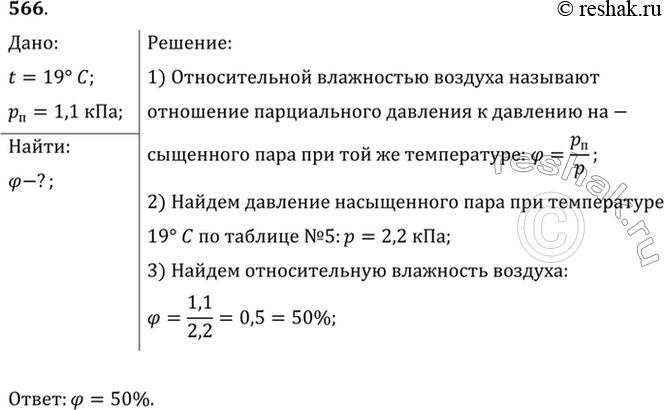 Изображение Парциальное давление водяного пара в воздухе при 19 °С было 1,1 кПа. Найти относительную...