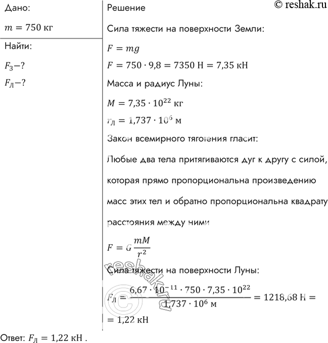 Изображение В 1970 г. советский космический аппарат «Луноход-1» массой 750 кг достиг поверхности Луны. Найти силу тяжести, действующую на аппарат на поверхности Земли и на...