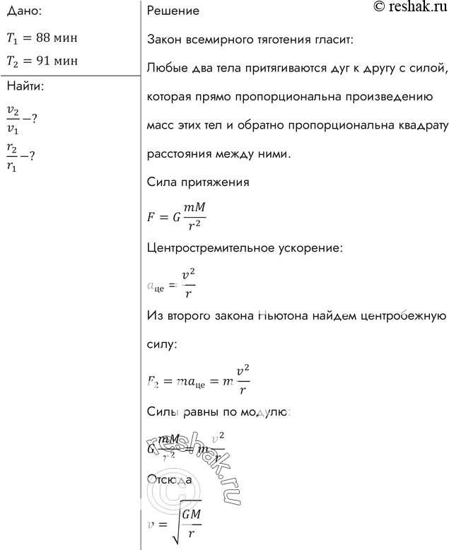 Изображение Космический корабль имел начальный период обращения 88 мин. После проведения маневров период обращения стал равным 91 мин. Как изменились расстояние до поверхности Земли...
