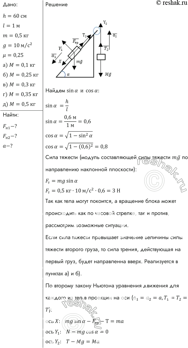 Изображение Найти силу трения, действующую на груз массой m (рис. 44), ускорение движения грузов и силу натяжения нити, если h=60 см, l=1м, m=0,5 кг, u=0,25. Решить задачу при...