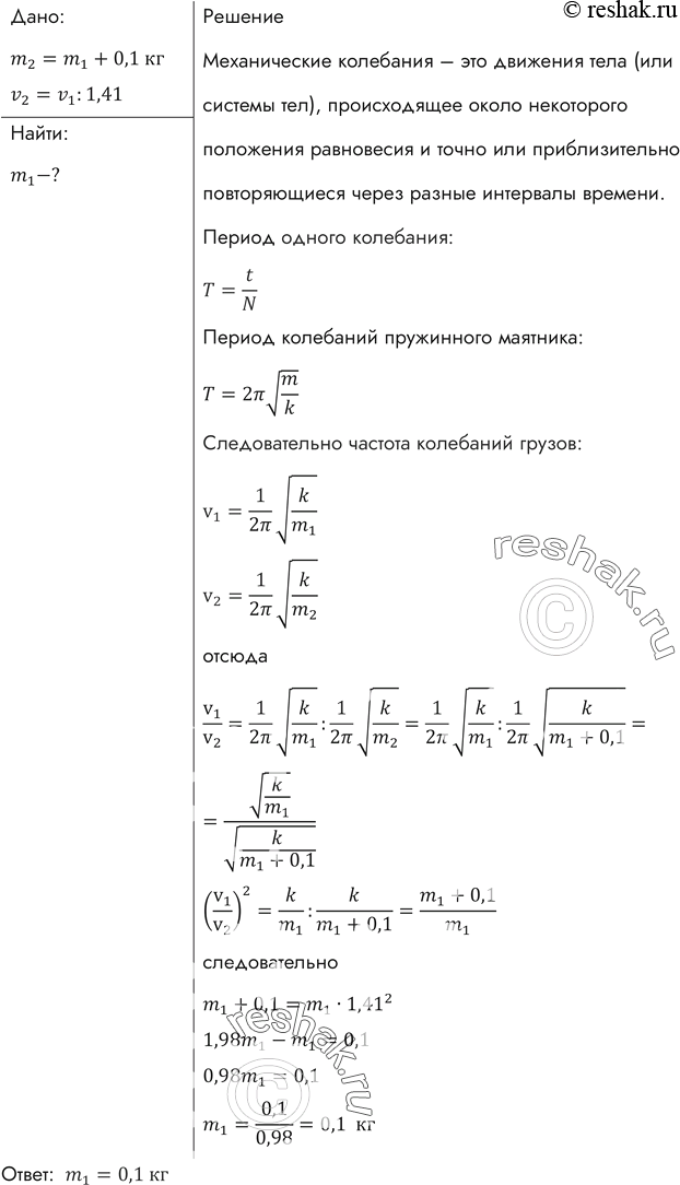 Изображение Если к некоторому грузу, колеблющемуся на пружине, подвесить гирю массой 100 г, то частота колебаний уменьшится в 1,41 раза. Какой массы груз был первоначально подвешен...