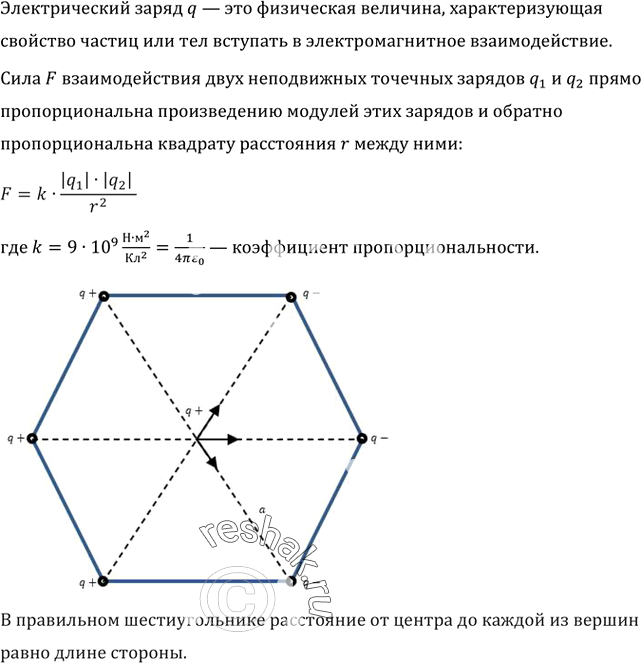 Изображение В вершинах правильного шестиугольника со стороной а помещены друг за другом заряды +q, +q, +q, -q, -q, -q. Найти силу, действующую на заряд +q, который находится в...