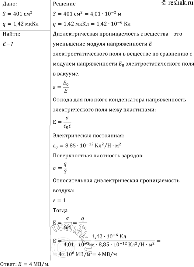 Изображение Площадь каждой пластины плоского конденсатора 401 см2. Заряд пластин 1,42 мкКл. Найти напряженность поля между...