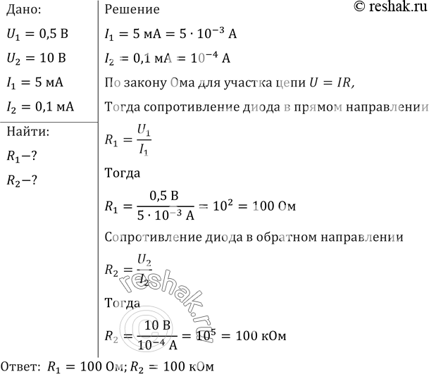 Изображение Найти сопротивление полупроводникового диода в прямом и обратном направлениях тока, если при напряжении на диоде 0,5 В сила тока 5 мА, а при напряжении 10 В сила тока...