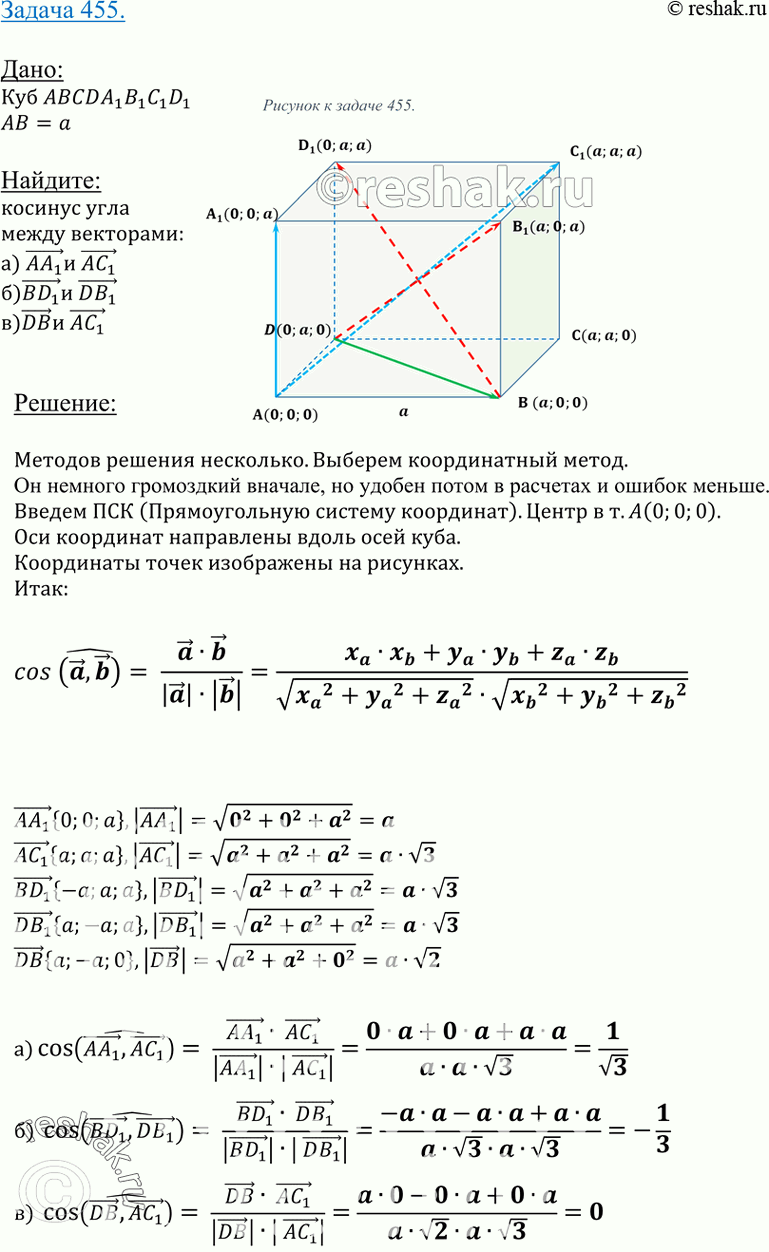 Изображение 455 Дан куб ABCDA1B1C1D1. Вычислите косинус угла между векторами: а) AA1 и AC1; б) BD1 и DB1; в) DB и...