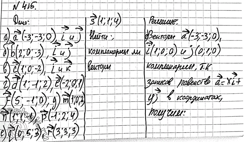 Изображение 415 Компланарны ли векторы: а) а {-3; -3; 0}, i и j; б) b {2; 0; -3}, i и j;в) с {1; 0; -2}, ink; r)d{l;-l;2}, e{-2;0;l} и /{5;-l;0};д)	гаг {1; 0; 2}, га {1; 1; -1}...