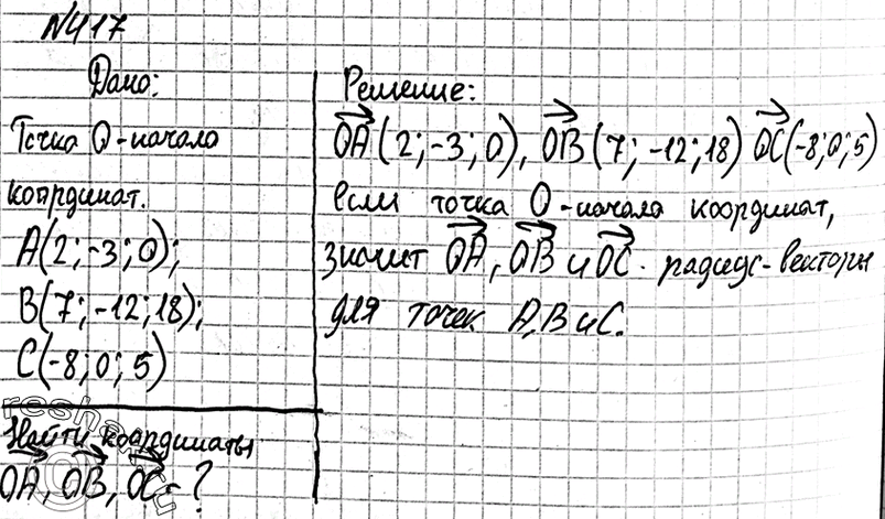 Изображение 417 Даны точки A (2; -3; 0), B (7; -12; 18) и C (-8; 0; 5). Запишите координаты векторов OA, OB и ОС, если точка O — начало...