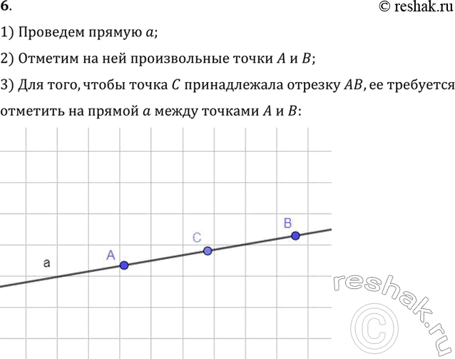 Изображение 6. Проведите прямую а. Отметьте на прямой две какие-нибудь точки А и B. Отметьте теперь какую-нибудь точку С отрезка АВ.1) Проведем прямую a;2) Отметим на ней...