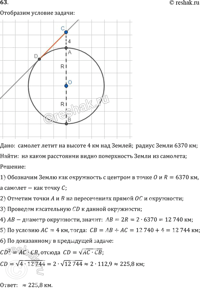 Изображение 63. Как далеко видно из самолёта, летящего на высоте 4 км над Землёй, если радиус Земли 6370 км?Дано:  самолет летит на высоте 4 км над Землей; радиус Земли 6370...