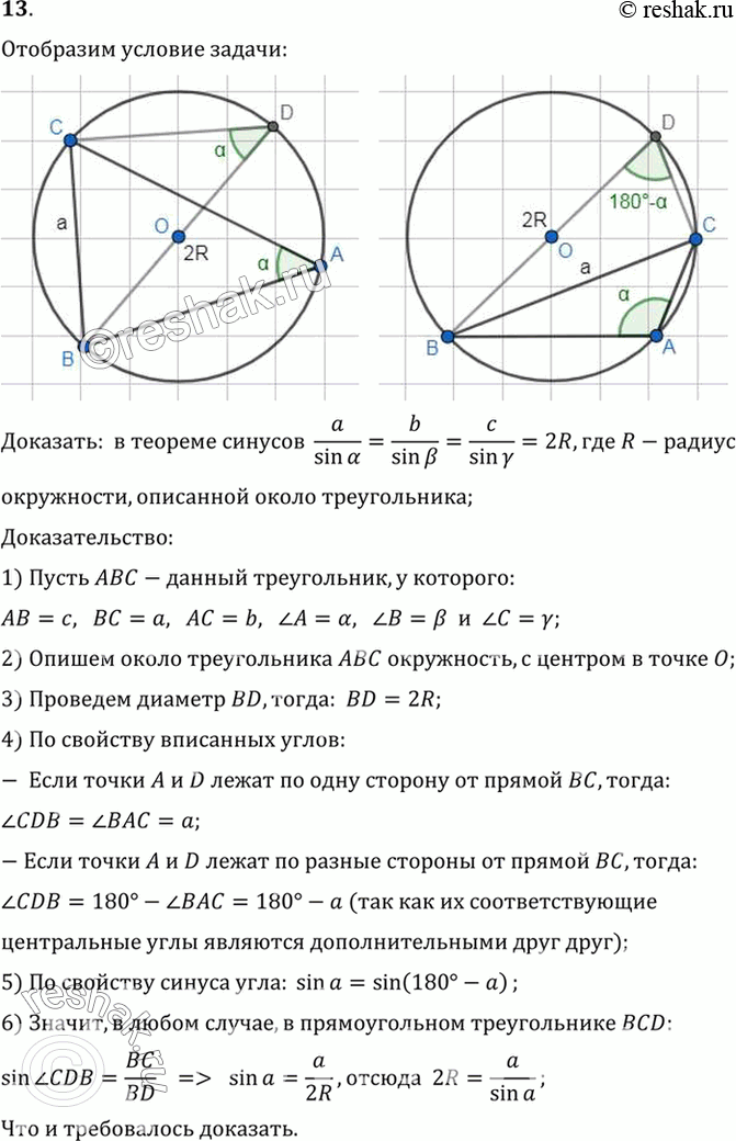 Изображение 13. Докажите, что в теореме синусов каждое из трёх отношений a/sin альфа, b/sin бета, с/sin y равно 2R, где R — радиус окружности, описанной около...