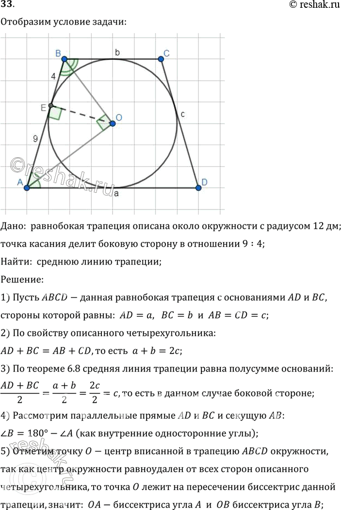 Изображение 33. Равнобокая трапеция описана около окружности с радиусом 12 дм. Точка касания делит её боковую сторону в отношении 9:4. Найдите среднюю линию трапеции.Дано: ...