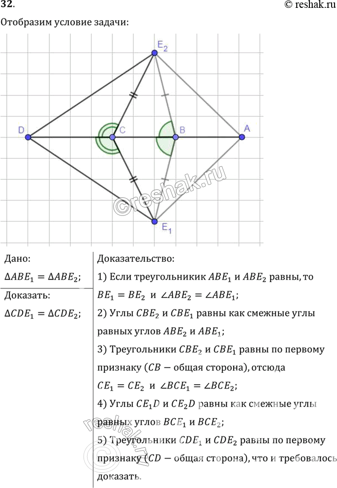 Изображение 32. Точки А, В, С, В лежат на одной прямой. Докажите, что если треугольники АВЕ1 и АВЕ2 равны, то треугольники CDE1 и CDE2 тоже равны (рис. 65).1) Если треугольникик...