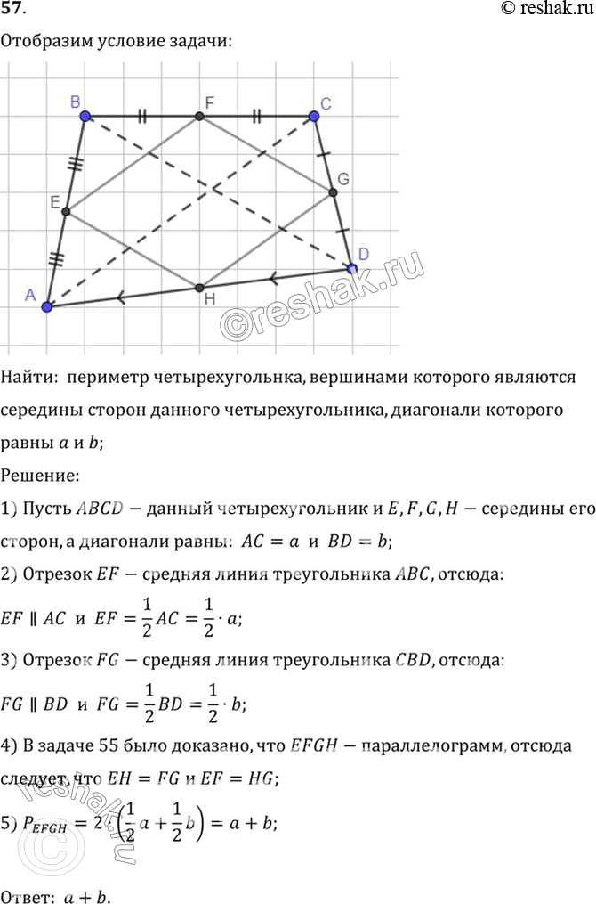 Изображение 57. У четырёхугольника диагонали равны а и b. Найдите периметр четырёхугольника, вершинами которого являются середины сторон данного четырёхугольника.Найти: ...