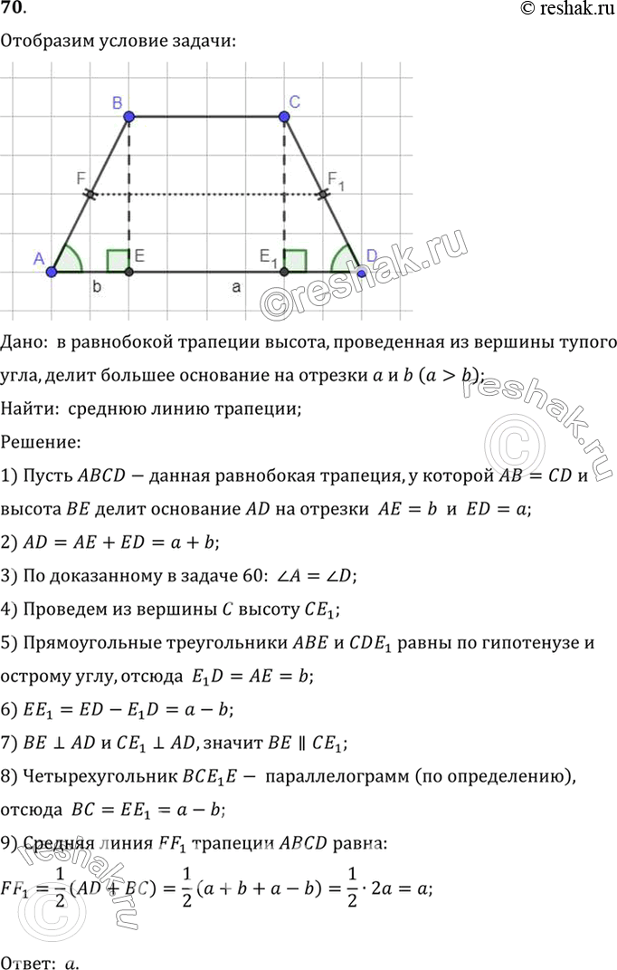 Изображение 70. Высота, проведённая из вершины тупого угла равнобокой трапеции, делит большее основание на части, имеющие длины а и b (а > b). Найдите среднюю линию...