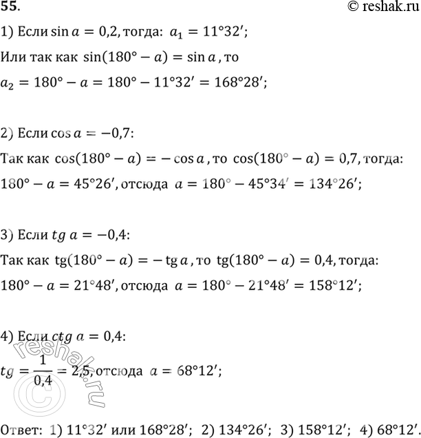 Изображение 55. Найдите углы, для которых: 1) sin альфа = 0,2; 2) cos альфа = -0,7; 3) tg альфа = -0,4; 4) ctg альфа =...