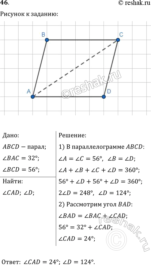 Изображение 46. В параллелограмме ABCD диагональ АС образует со стороной АВ угол, равный 32°, угол BCD = 56°. Найдите угол CAD и угол...