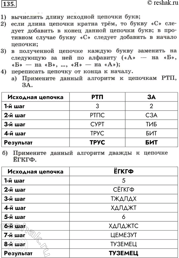 Изображение 135. Имеется следующий алгоритм получения из одной цепочки букв русского алфавита другой цепочки букв:1) вычислить длину исходной цепочки букв;2) если длина цепочки...