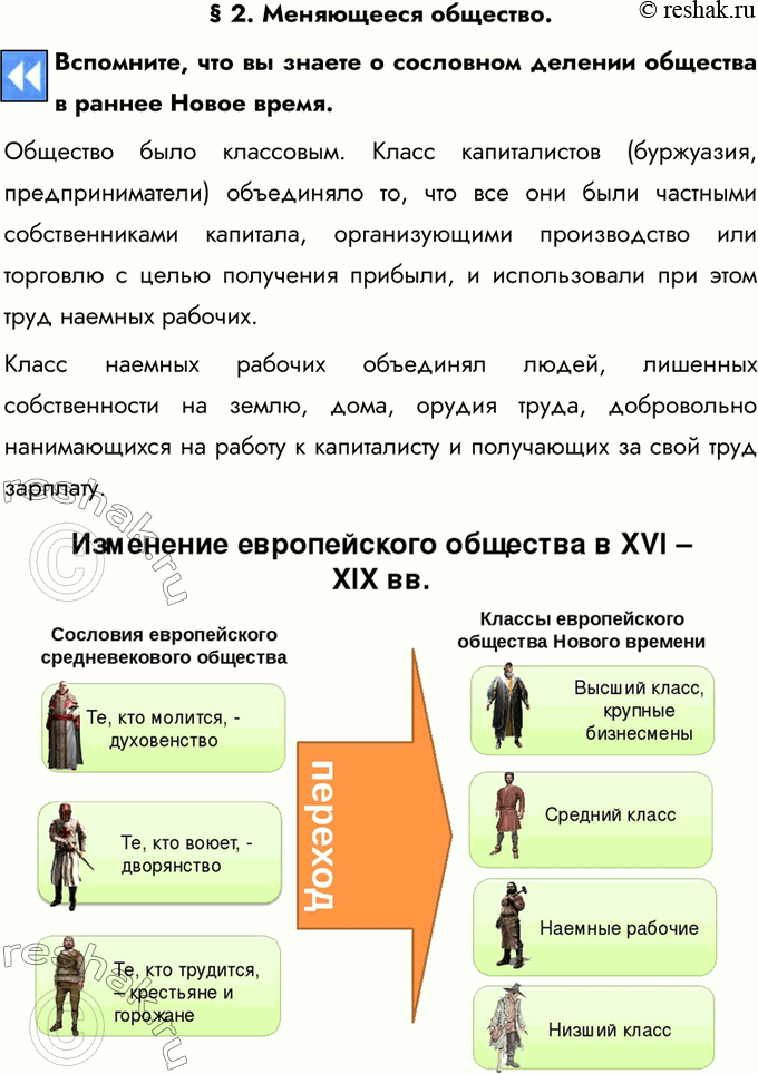 Изображение § 2. Меняющееся общество.Вспомните, что вы знаете о сословном делении общества в раннее Новое время.Общество было классовым. Класс капиталистов (буржуазия,...